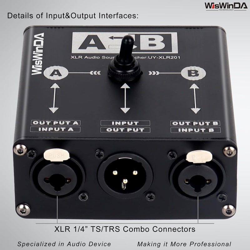 WisWinDa Pro XLR TS/TRS Passive A/B Switch Box Passive Full-Duplex Operation Design Balanced Stereo Audio Switcher No Loss Switching Aluminum Shell(XLR A/B Swtich Box (M-2F)) - Image 4